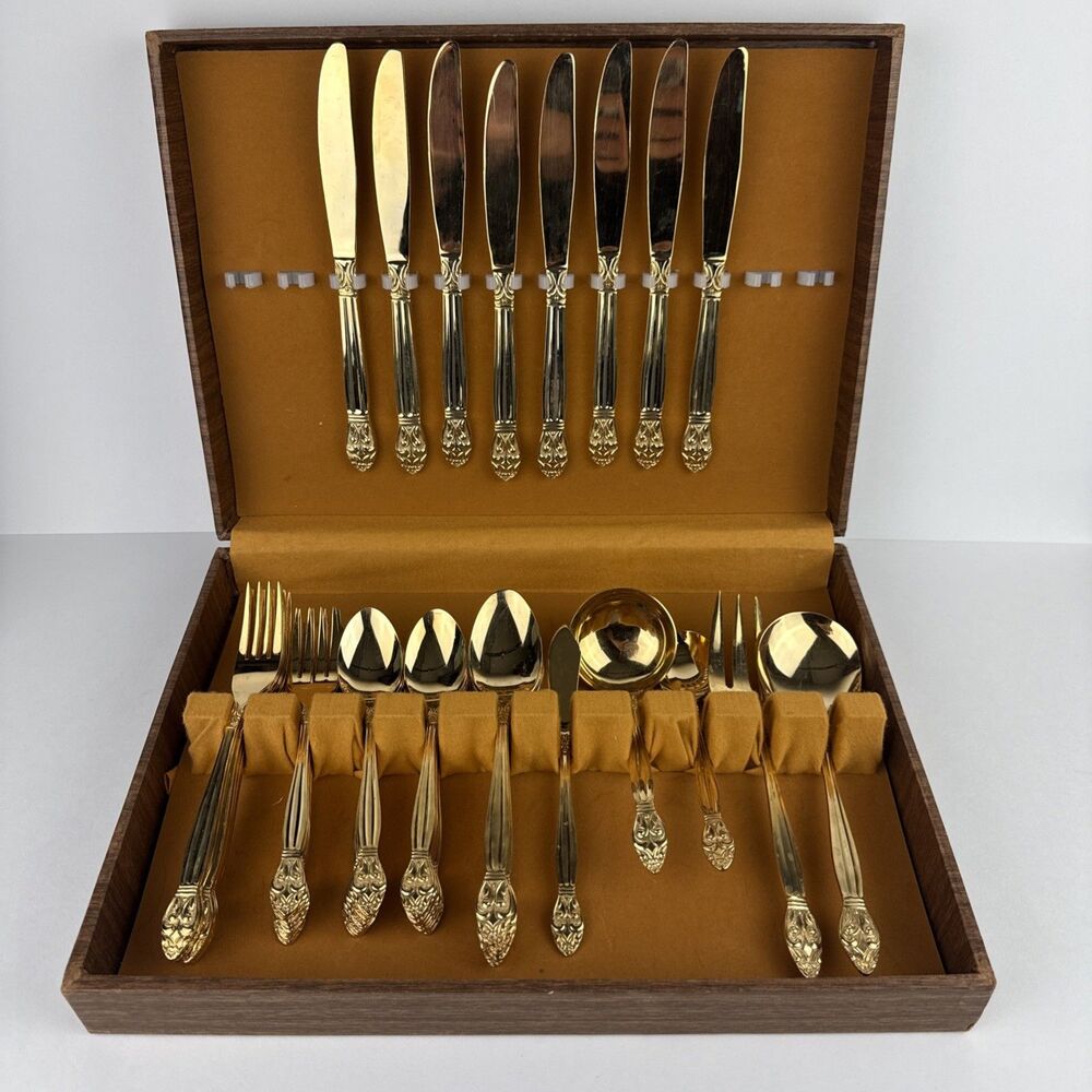 VTG Golden Lifetime Cutlery 24K Gold Electroplated Stainlaess Steel 53pc Set